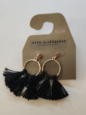 SO Black Tassel Hoop Earrings - Gold